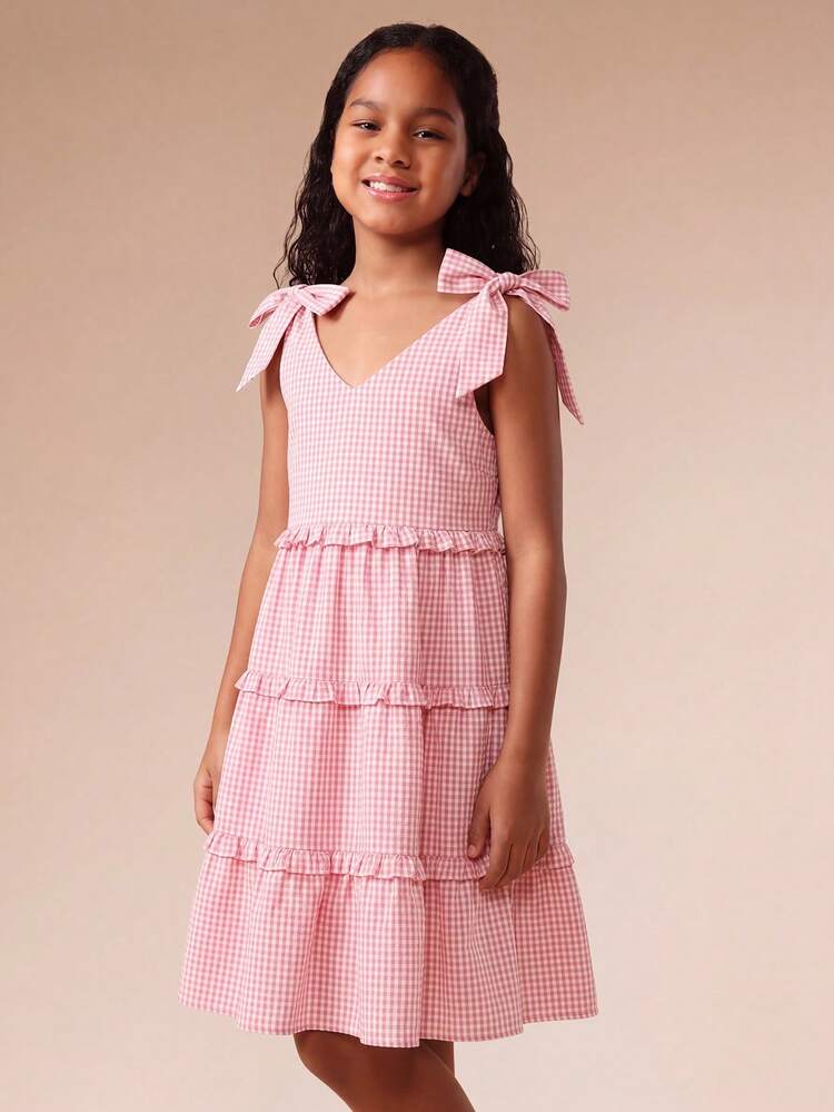 Tween Girls Pink Gingham V-Neck Tiered Ruffle Dress With Bow Shoulder Straps Summer Midi Fit And Flare Casual Party Dress