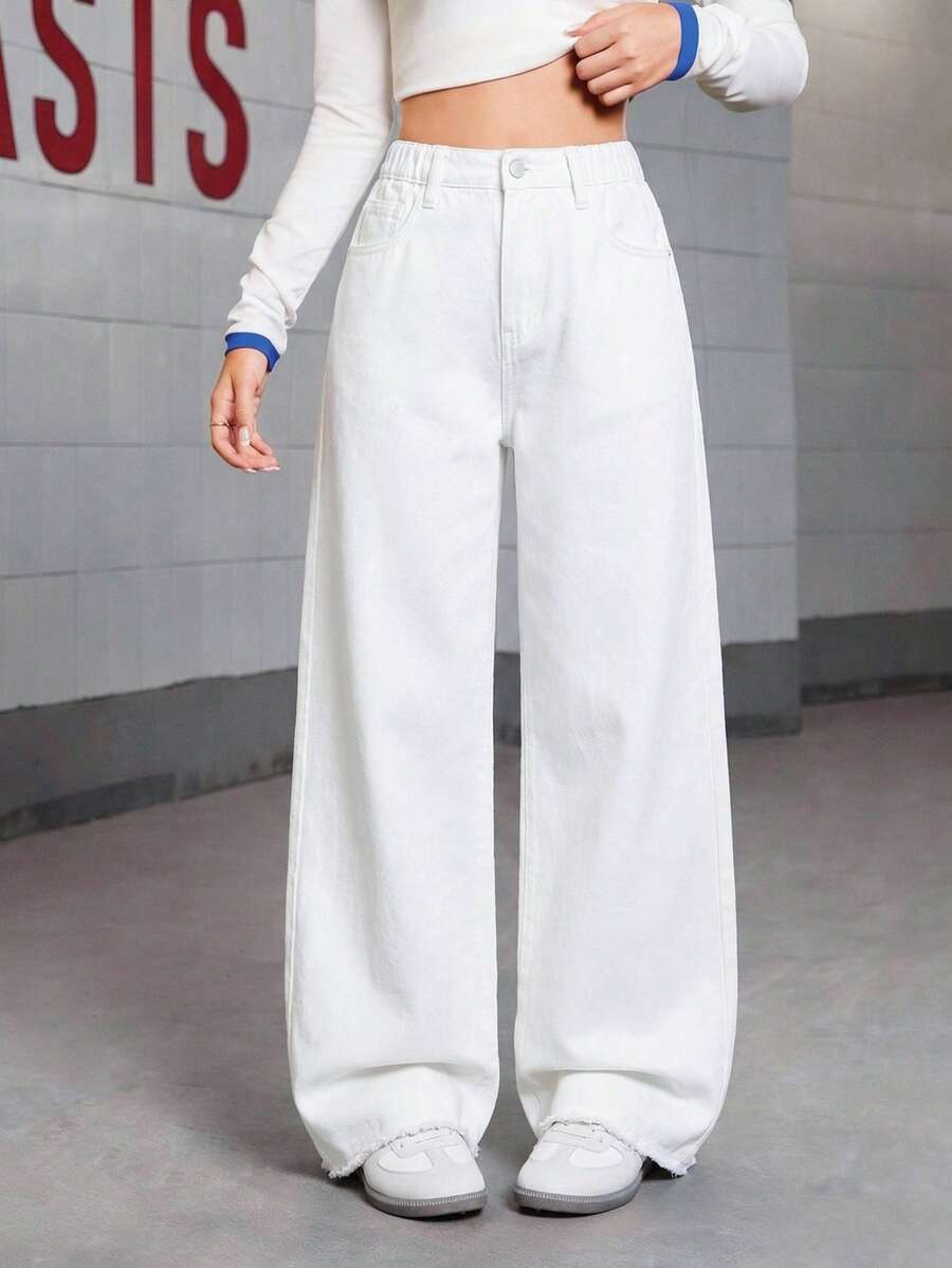SHEIN 青少年女孩復古寬鬆白色丹寧寬腿牛仔褲,休閒百搭,適合日常穿著、外出、派對等夏季場合 - 白色 - 查看 1