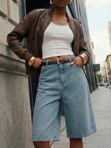 Daynim 斜插口袋百慕大牛仔短裤 - 深色水洗藍 - 查看 2