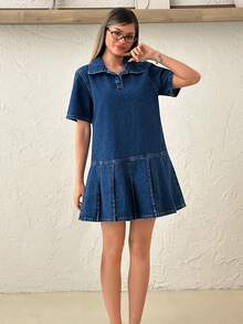 SHEIN 褶裥细节休闲迷你牛仔连衣裙 - 中等水洗藍 - 查看 5