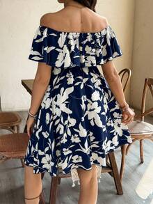 SHEIN Maternity Off Shoulder Floral Print Ruched Fashion Vacation Dress - Navy Blue - View 2