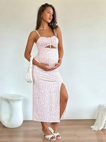 SHEIN Pink Maternity Dress Summer Boho Holiday Elegant Ditsy Floral Highly Elastic Comfortable Casual Sleeveless Hollow-Out High Slit Pregnant Clothes - Pink - View 3