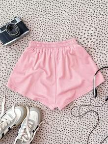 SHEIN Tween Girls' Letter & Number Print Drawstring Waist Casual Versatile Daily Wear Shorts - Pink - View 2