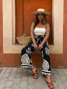 SHEIN Frenchy 大码休闲度假植物印花系带阔腿裤 - 黑色 - 查看 8