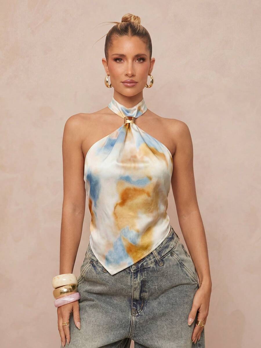 Lumalex 新款扎染印花露背金属装饰修身无袖上衣，春夏款