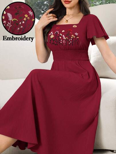 Modelyn Vestido de mujer talla grande con cuello cuadrado y cintura bordada