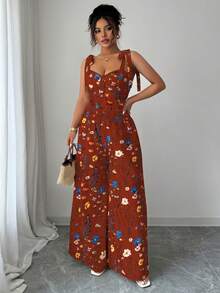 Elenzga Plus Size Women's Spaghetti Strap Backless Design + High Waist Wide Leg Pants 2 Pieces Set - Burgundy - View 4