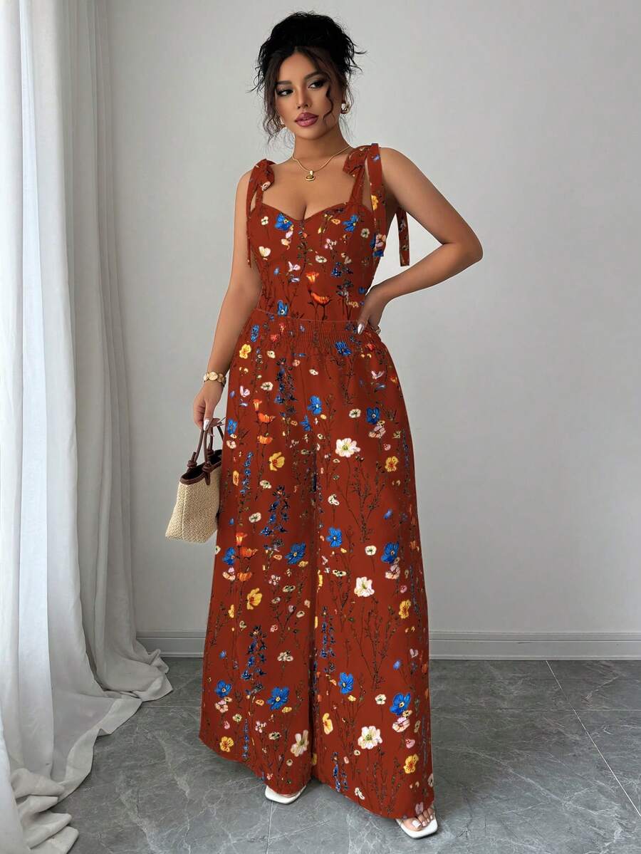 Elenzga Conjunto de 2 piezas de mujer talla grande con diseño de tirantes finos y espalda descubierta + pantalones de pierna ancha y cintura alta - Burdeos - Ver 1