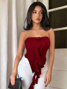 SHEIN LUNE Áo croptop màu đỏ rượu vang, vạt áo bất đối xứng, xếp ly, điểm nhấn là họa tiết hoa 3D. - Màu Đỏ Sâu - Xem 1