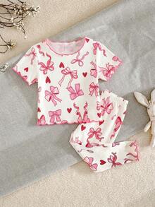 Shein Dozemod Kids Baby Girl Cartoon Pattern Ruffle Trim Round Neck Short Sleeve Top And Pants Soft Comfy Pajama Set, 2pcs - Multicolor - View 1