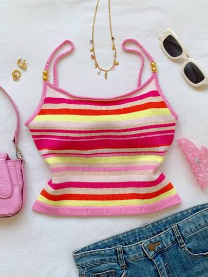 Comfortcana 休闲彩色条纹吊带针织上衣，夏季