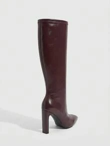 Daringsoles 女士尖头粗跟高跟紧身弹力PU皮性感侧拉链秋冬靴前卫舞会通勤女靴 - 酒紅色1 - 查看 3