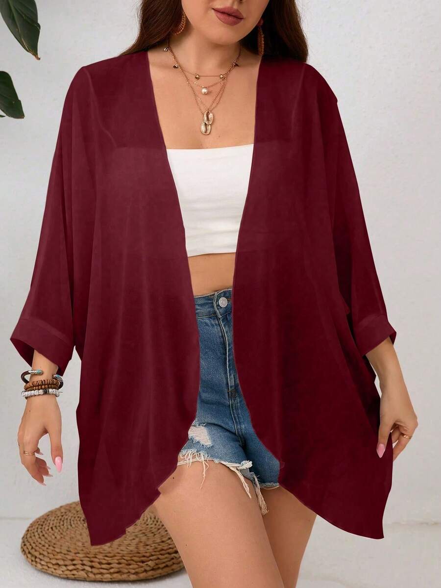 SHEIN Clasi Plus Size Women Solid Color Casual Loose Long Sleeve Jacket - Burgundy - View 1