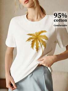 Anewsta Vacation Casual Coconut Tree Print Short Sleeve T-Shirt - White - View 3