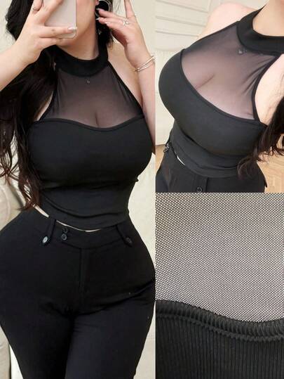 Vibekara Áo tank top dệt kim màu đen dành cho nữ cỡ lớn, thích hợp mặc thường ngày/đi làm, mùa hè.
