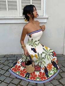 SHEIN EZwear 时尚印花无袖夏季连衣裙，热带风情沙滩裙，度假连衣裙，巴西热带度假印花连衣裙；休闲印花荷叶边无肩带连衣裙，适合度假、秋季穿着、婚礼宾客礼服、生日礼服、外出等场合。 - 彩色 - 查看 5