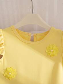 Elladie kids Young Girl Summer New Round Neck A-Line Mini Dress  With Ruffle Sleeves, Pleated Hem, Front Floral Decor, Back Keyhole Design, Casual Vintage Style Everyday Wear Girls Summer Dress Yellow Princess Dress Yellow Kids Dress - Yellow - View 11