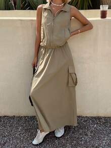 DAZY Damen Set aus einfarbiger locker sitzender ärmelloser Weste und A-Linien Cargo Maxirock, geeignet für Frühling/Sommer Sport & Urlaub - Khaki - Übersicht 4