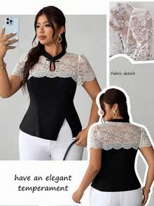 SHEIN Elenzya Plus Size Women's Elegant Delicate Romantic Lace Patchwork T-Shirt, Spring/Summer - Black and White - View 1