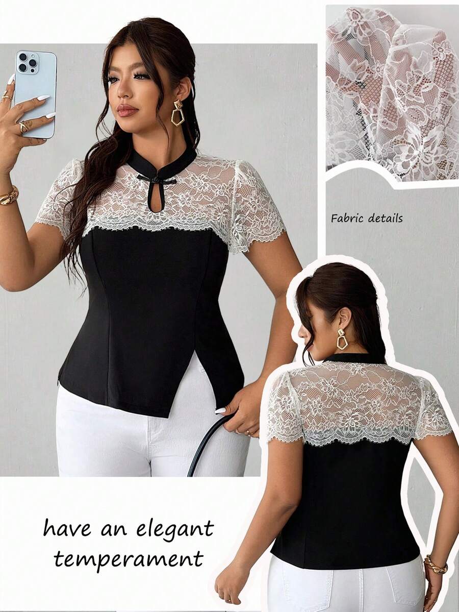 SHEIN Elenzya Plus Size Women's Elegant Delicate Romantic Lace Patchwork T-Shirt, Spring/Summer - Black and White - View 1