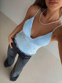 Aloruh Women's Sexy Elegant Deep V-Neck Embroidered Trim Solid Color Camisole - Baby Blue - View 7
