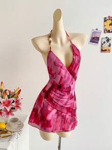 SHEIN WYWH Women's Tie-Dye Print Sexy Halter Mini Dress, Vacation,Summer Dresses For Women - Multicolor - View 3