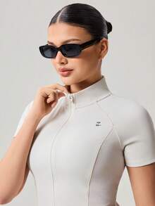 OutZeal Gym Top Women Sports Tee Solid Color Summer Spring Workout Casual Quick Drying Slim Fit Stand Collar Front Half Zip Active Tops - Beige - View 9