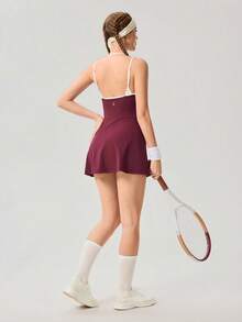 OutZeal 女士运动连衣裙 网球健身 四向弹力 丝滑柔软 内置文胸 短裤 - 酒紅色 - 查看 8