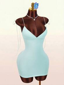 Amplova Đầm mini ôm sát gợi cảm hở lưng buộc dây hình bướm phong cách Y2K - Màu xanh lam - Xem 3