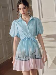 Anewsta Vestido camisa de botones con cintura ceñida, nuevo para primavera/verano. Vestido azul plisado con mangas de pétalo y silueta evasé - Multicolor - Ver 7