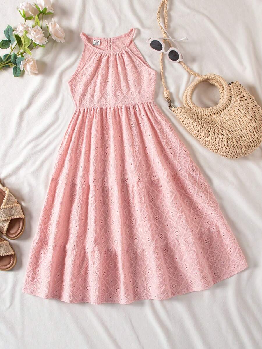 SHEIN Vintaside Kids Young Girl Solid Color Halter Neck Casual Vacation Dress - Pink - View 1