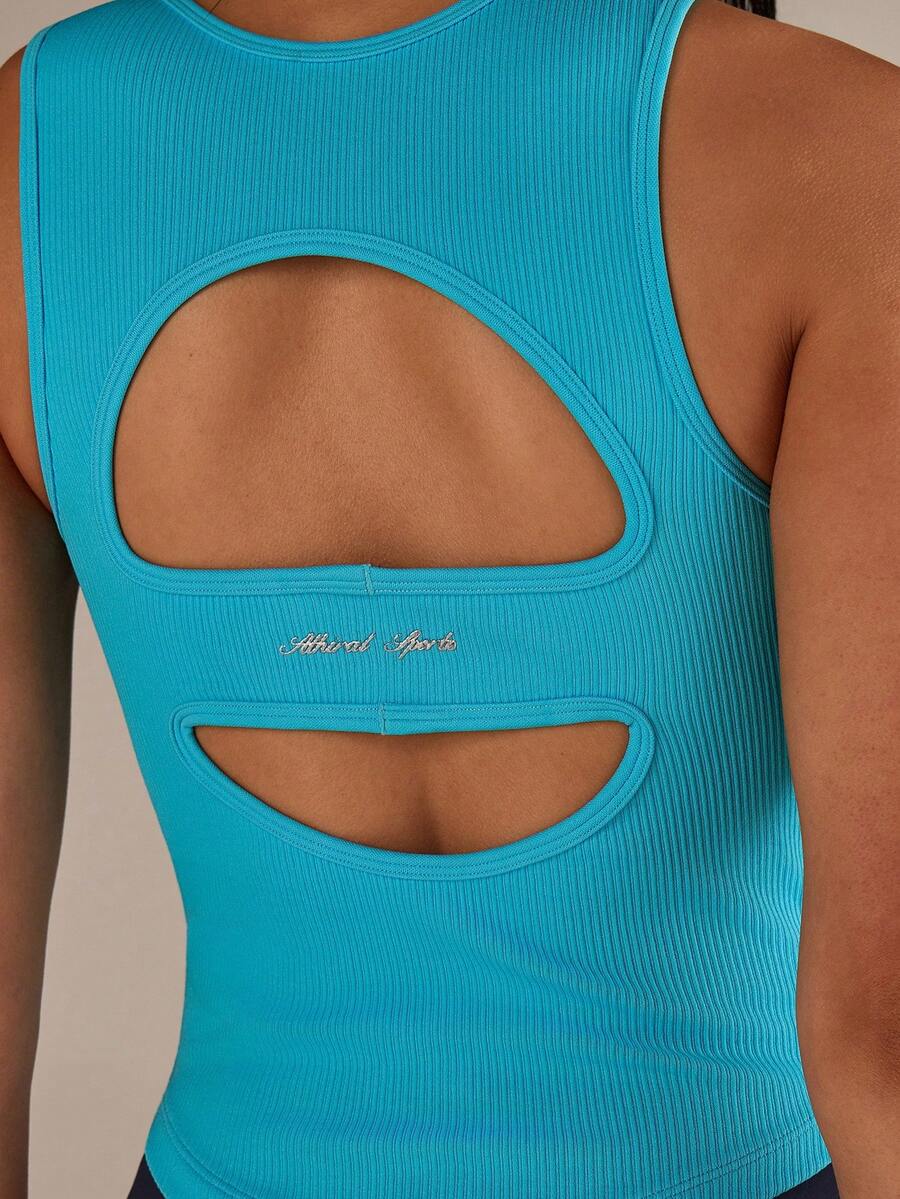 女士休闲运动针织无袖露背蓝色上衣 - 藍色 - 查看 1