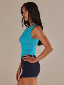 女士休闲运动针织无袖露背蓝色上衣 - 藍色 - 查看 5