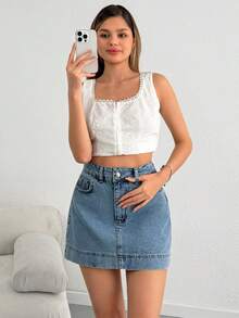 SHEIN Woman High Waist Denim Mini Casual Washed Blue Skirt Button Front - Light Wash - View 4