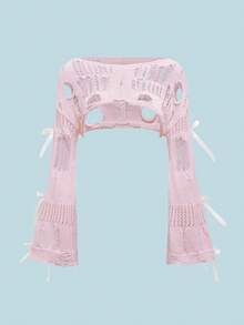 ROMWE Kawaii Áo len nữ cổ tròn không đối xứng nơ rỗng cỡ lớn dễ thương và mềm mại - Hồng - Xem 6