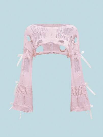 ROMWE Kawaii 可爱柔软超大镂空蝴蝶结不对称领口女式毛衣