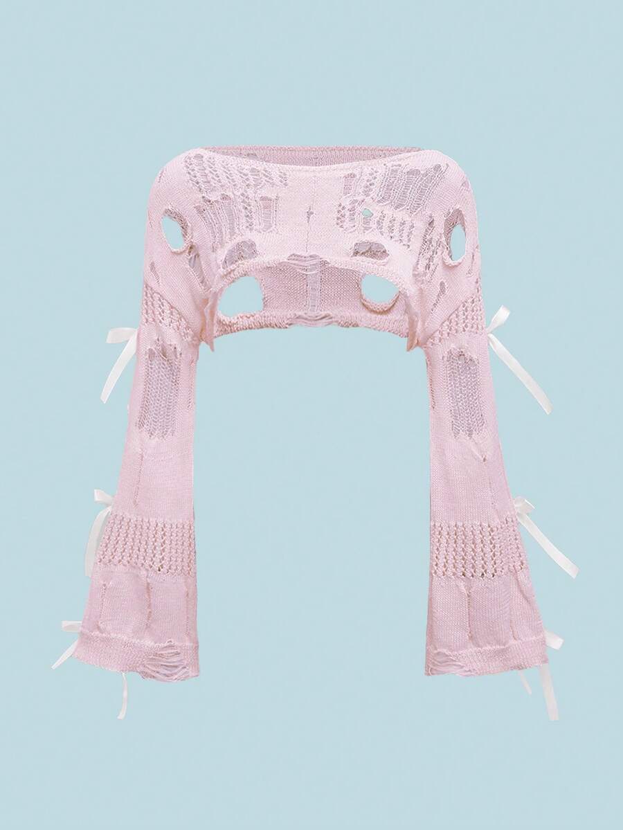 ROMWE Kawaii Spring Valentine's Day Pink Cute & Soft Oversized Hollow Bowknot Asymmetric Neck Women Sweater - Pink - View 1