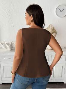Vionelle Plus Size Women Summer Elegant Brown Sleeveless Blouse,Autumn Everyday Casual Wave Hem Vest Top,Classy Office Holiday Workwear Business Fashion Tops - Coffee Brown - View 2