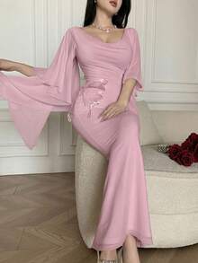 Feyla Vestido elegante de mujer con parches de encaje y decoración de mariposa en unicolor - Rosa vieja - Ver 6