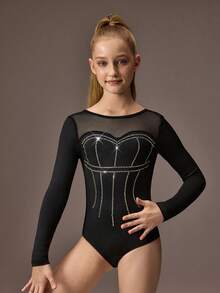 Tween Girls Gymnastics Leotard A Professional Gymnastics Jumpsuit With High Elasticity And Soft Black Energetic Patterns, Sparkling Rhinestones, Full Body Tight Gymnastics Bodysuit - Black - View 1