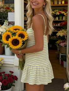 SHEIN EZwear 女士多巴胺奶油色条纹V领无袖连衣裙，饰有褶皱花卉图案，层叠荷叶边下摆，优雅的法式海滩度假风，性感迷人，适合派对、音乐节、情人节约会，春夏休闲浪漫迷你连衣裙 - 彩色 - 查看 5