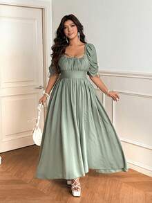 Vionelle Summer Square Neck Tie Cuff Cinched Waist Petal Sleeve A-Line Long Dress For Women - Green - View 3