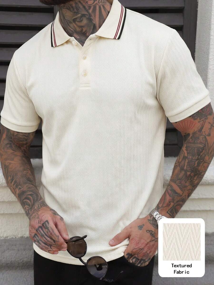 Manfinity CasualCool 男士短袖纹理面料 Polo 衫，适合外出、聚会和办公穿着 - 奶油色 - 查看 1