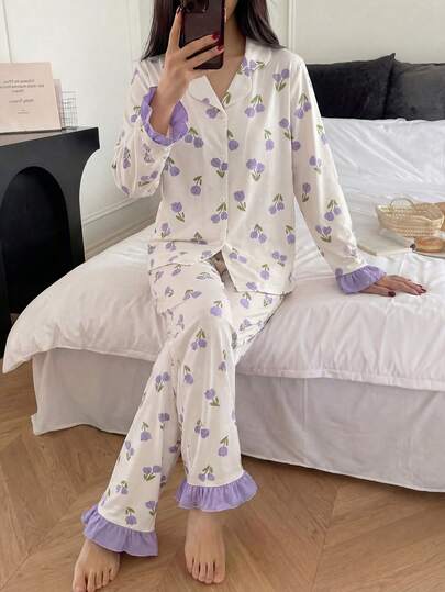 SHEIN 少女休闲日常百搭舒适宽松花卉拼接撞色针织郁金香优雅花朵紫色碎花长袖荷叶边喇叭袖春夏家居服