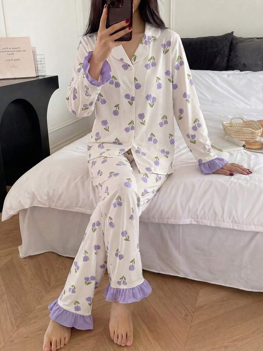 SHEIN Tween Girl Casual Daily Versatile Comfortable Loose Floral Pattern Patchwork Contrast Color Knit Tulip Elegant Flower Purple Ditsy Floral Long Sleeve Ruffle Bell Sleeve Spring/Summer Loungewear Tween Girl Fall/Winter Outfits - Multicolor - View 1