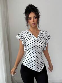 SHEIN Elenzya Áo thun nữ cổ điển in chấm bi đen trắng, tay áo bèo nhún bất đối xứng, dáng ôm, vạt áo bất đối xứng, thanh lịch, thích hợp mặc đi nghỉ mát và công sở. - Đen và trắng - Xem 5