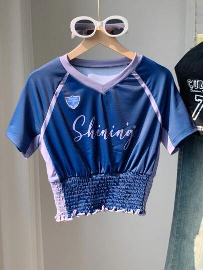 Comfortcana Áo thun crop top nữ kiểu dáng thường ngày, in chữ và phối màu, thích hợp cho mùa hè.