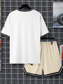 Manfinity Homme 男士休閒街頭風對比滾邊字母印花T恤短褲套裝，夏季白色 - 彩色 - 查看 2