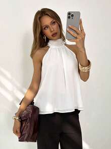 Aloruh Blusa de verano de cuello halter de unicolor casual para mujer - Blanco - Ver 6