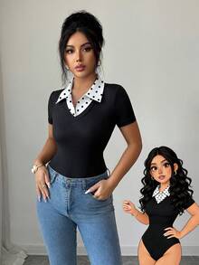 Elenzga Women Black Polka Dot Polka Dot Summer Classy Elegant Preppy Bodysuit Block Polka Dot Patchwork V Neck Short Sleeve Slim Fit Bodysuits For Work Office - Black - View 5